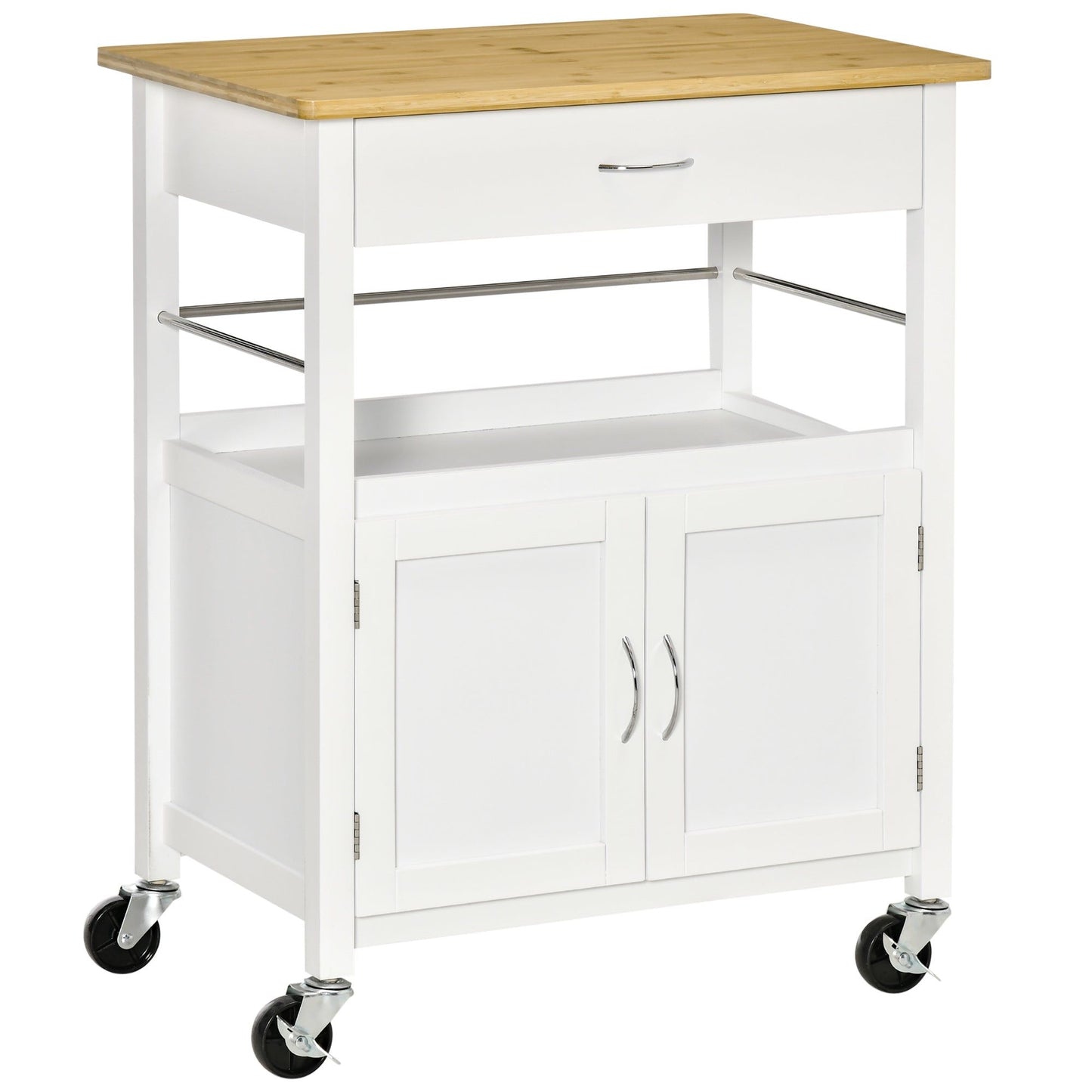 Kitchen Cart with Storage Drawer and Side Hooks - White