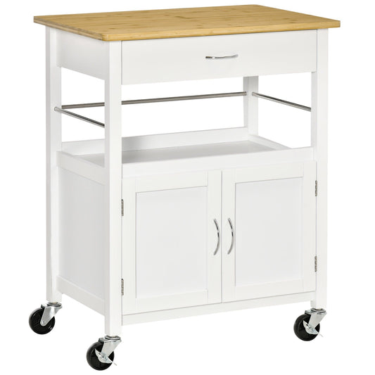 Kitchen Cart with Storage Drawer and Side Hooks - White