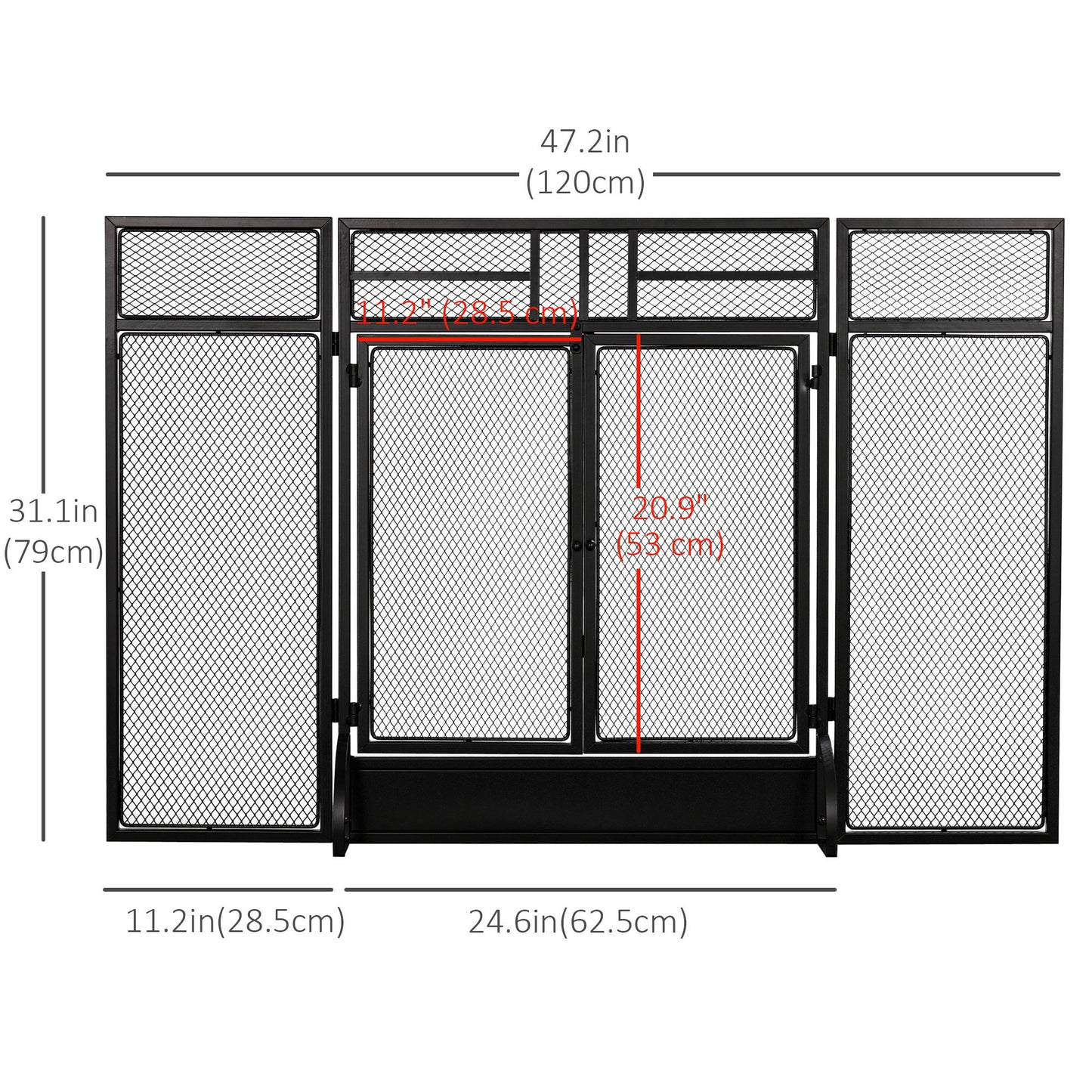 3-Panel Steel Mesh Fireplace Screen, Decorative Fire Spark Guard Cover with Double Doors, 47x31in, Black