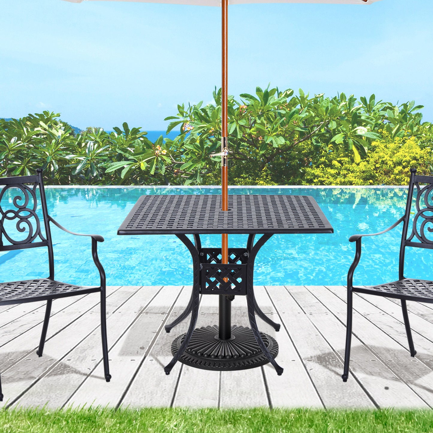 36" Patio Dining Table, Outdoor Bistro Table with 2" Umbrella Hole, Cast Aluminum Frame, For Garden, Balcony, Black