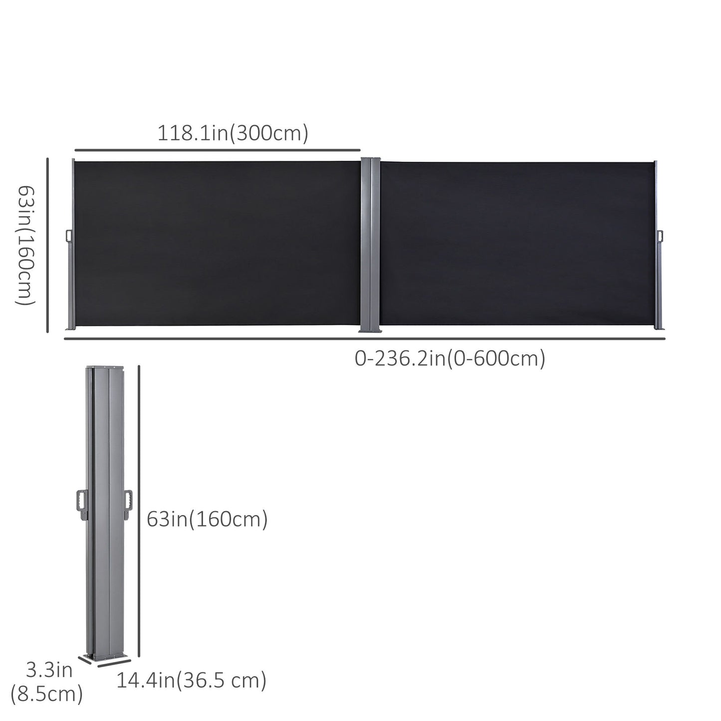 236" x 63" Outdoor Privacy Wall, Double Retractable Side Awning, Patio Screen for Garden, Balcony, Backyard, Black
