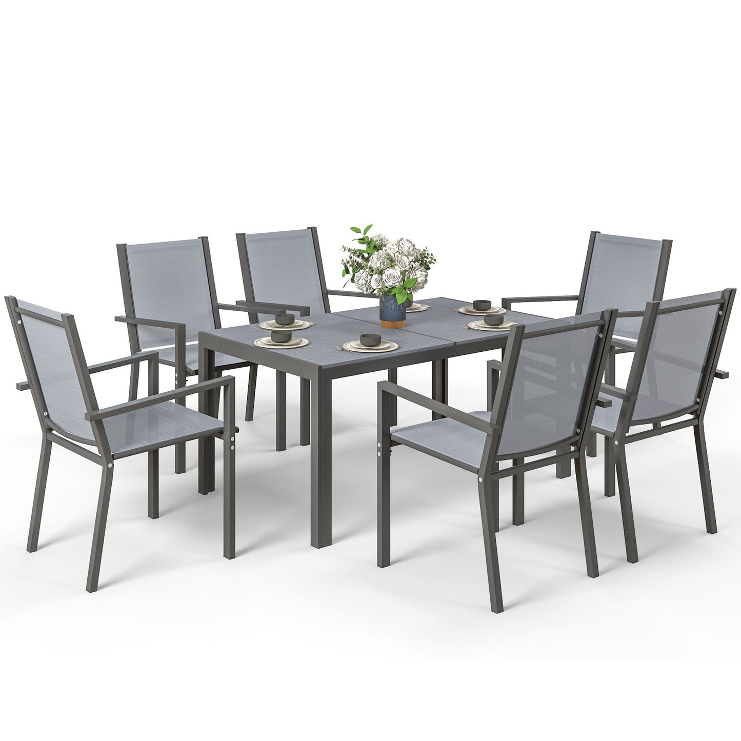 7 Piece Outdoor Dining Set with Rectangular Table and 6 Stackable Chairs, for Backyard, Lawn, Deck, Balcony, Pool Side