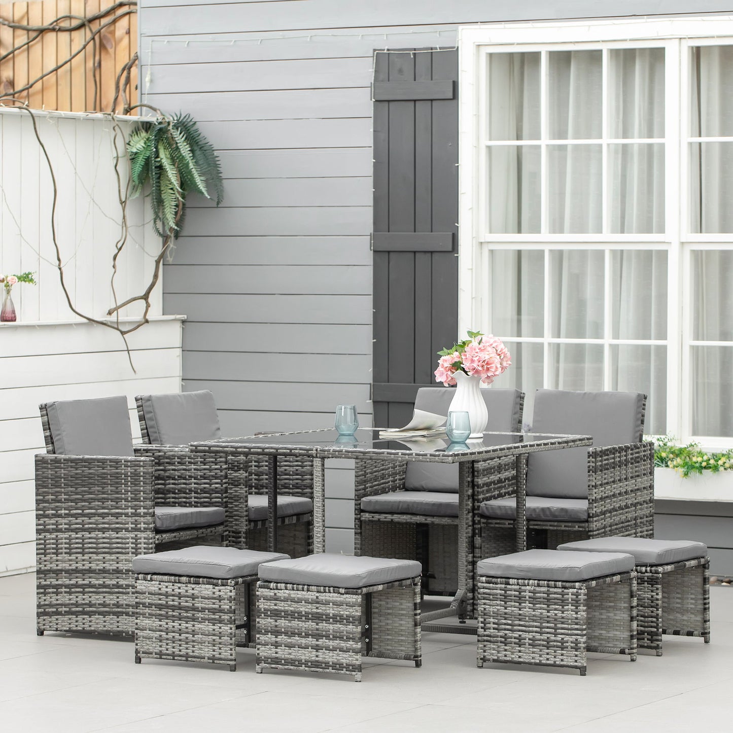 9 Pieces Wicker Patio Dining Set Outdoor Furniture Set with Removable Cushions, Glass Top Dining Table, Ottomans, PE Rattan Conversation Set for Garden Poolside, Grey