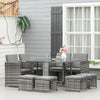 9 Pieces Wicker Patio Dining Set Outdoor Furniture Set with Removable Cushions, Glass Top Dining Table, Ottomans, PE Rattan Conversation Set for Garden Poolside, Grey