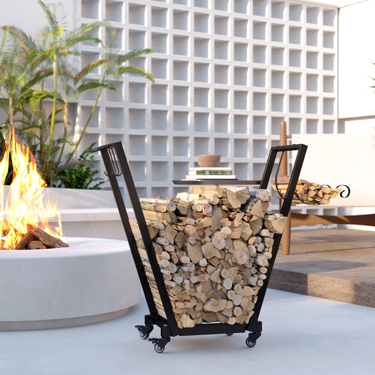 31 Inch Firewood Rack Outdoor, Heavy Duty Log Rack with Swivel Casters, Indoor Fire Wood Holders for Fireplace, Black