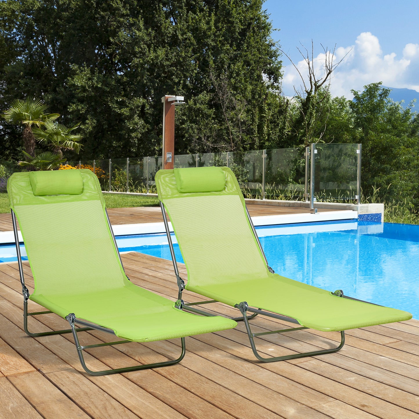 Set of 2 Folding Chaise Lounge Chairs, Outdoor Poolside Sun Tanning Chairs w/ Pillow, Reclining Backrest, Dark Blue