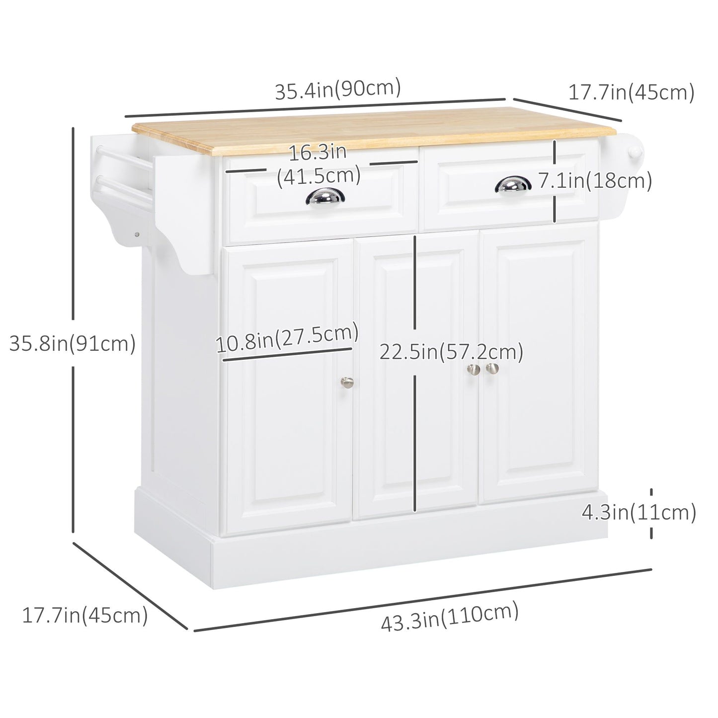 Rolling Kitchen Island with Wood Top and Drawer - White