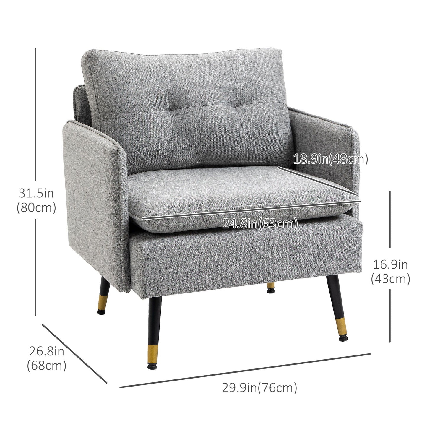 Accent Chair, Upholstered Armchair with Tufted Back Cushion and Steel Legs for Living Room, Bedroom, Grey