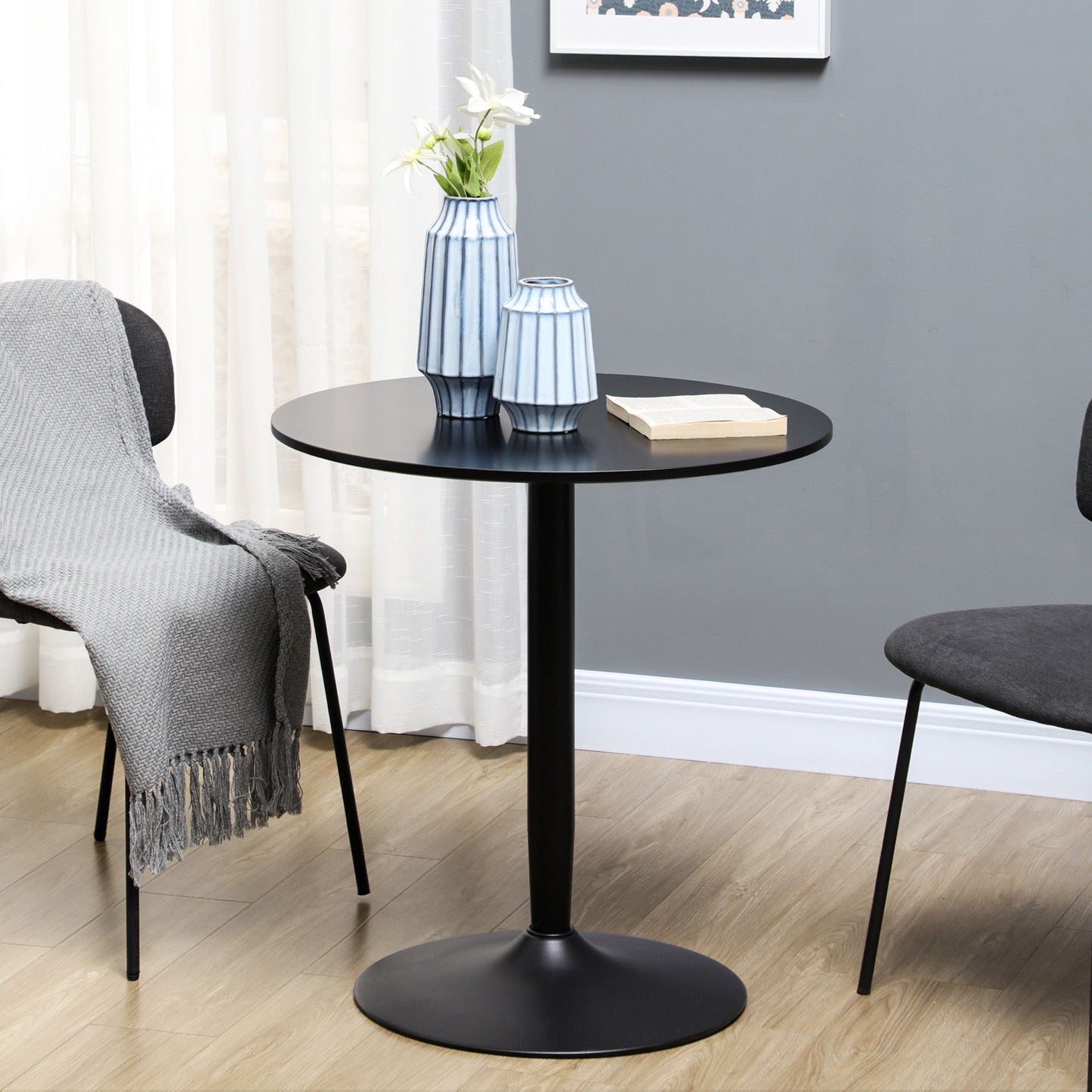 Modern Kitchen Table for 2 People, Round Dining Table with Steel Base for Living Room, Dining Room, Black
