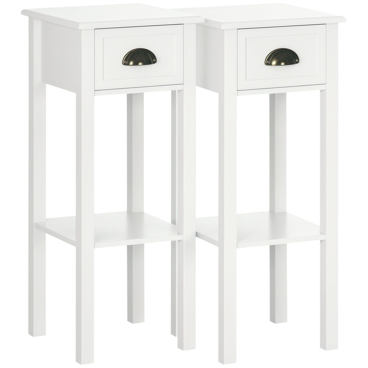 Set of 2 Slim End Tables with Drawer and Shelf - White