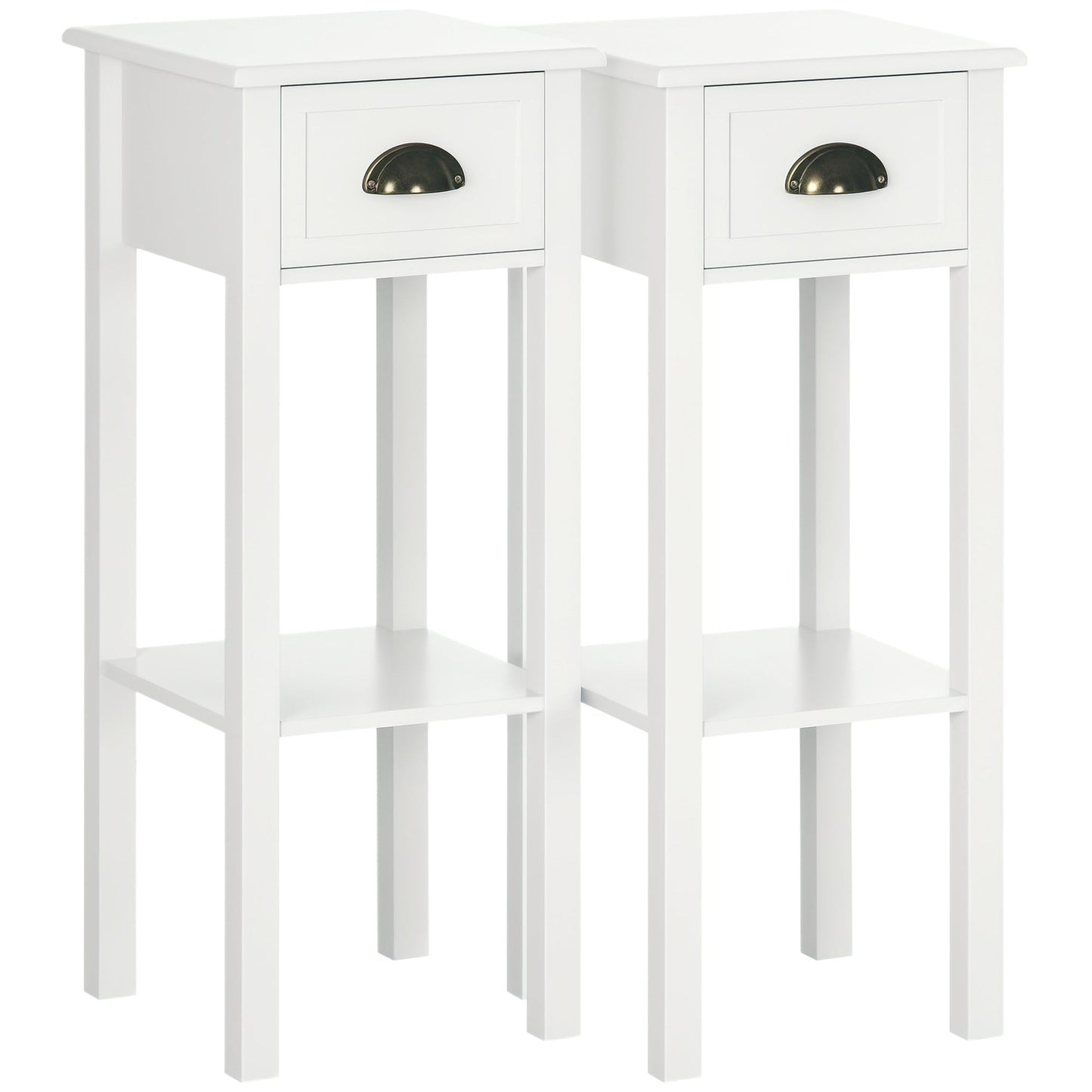 Set of 2 Slim End Tables with Drawer and Shelf - White