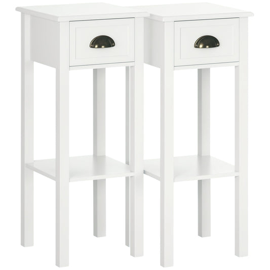 Set of 2 Slim End Tables with Drawer and Shelf - White