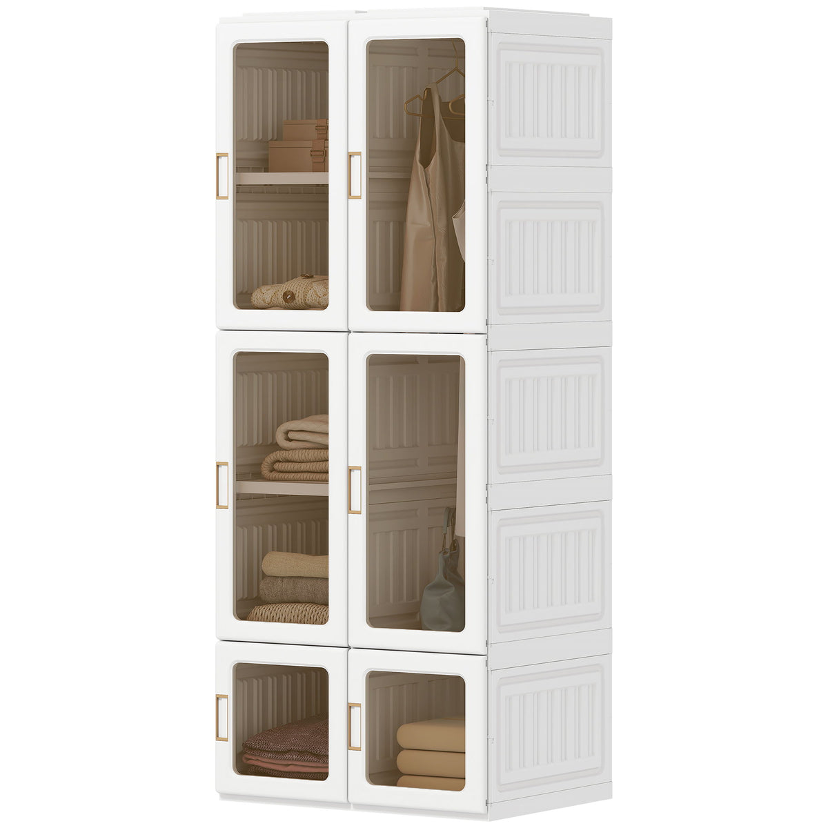 Portable Wardrobe, Foldable Plastic Closet with 6 Compartments, Hanging Rod and Magnetic Doors, White