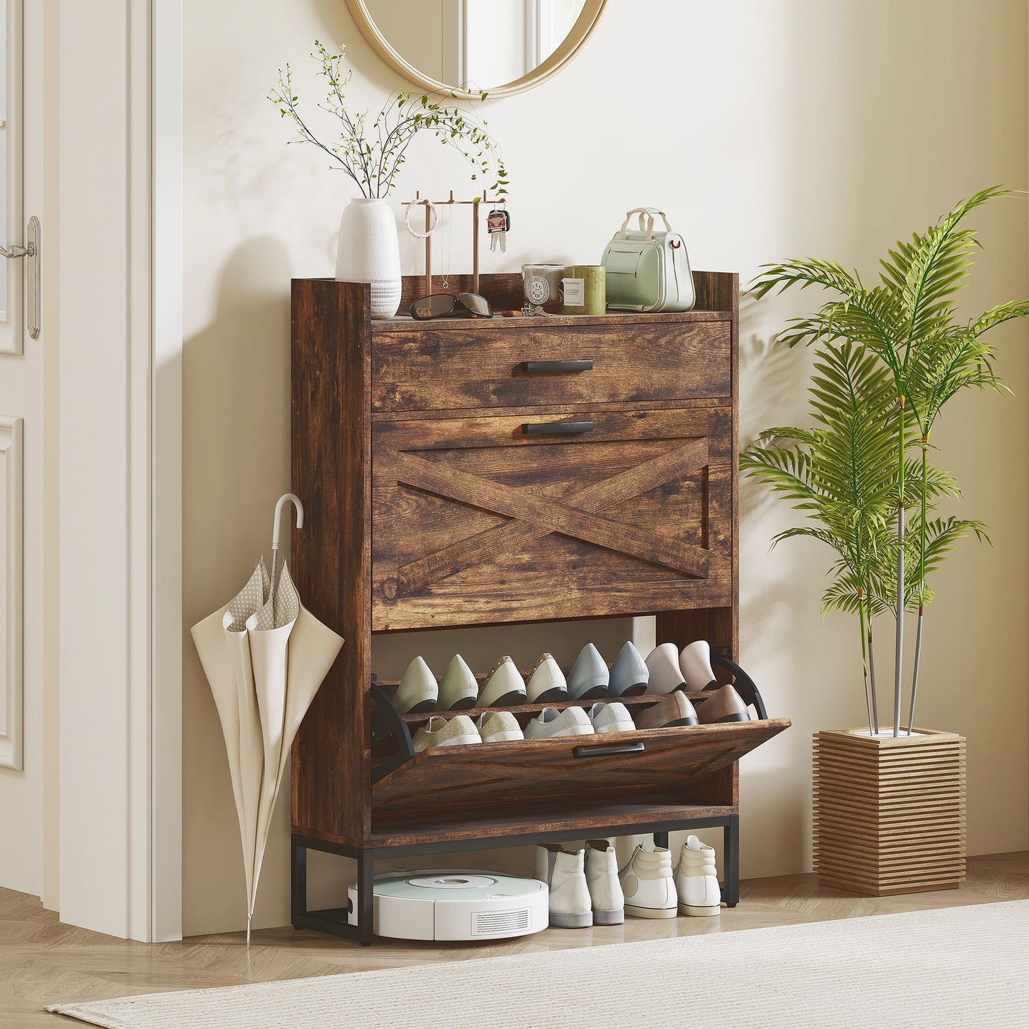 Slim Shoe Storage with 2 Flip Drawers and Adjustable Shelves Shoe Cabinet Organizer for 12 Pair, Rustic Brown