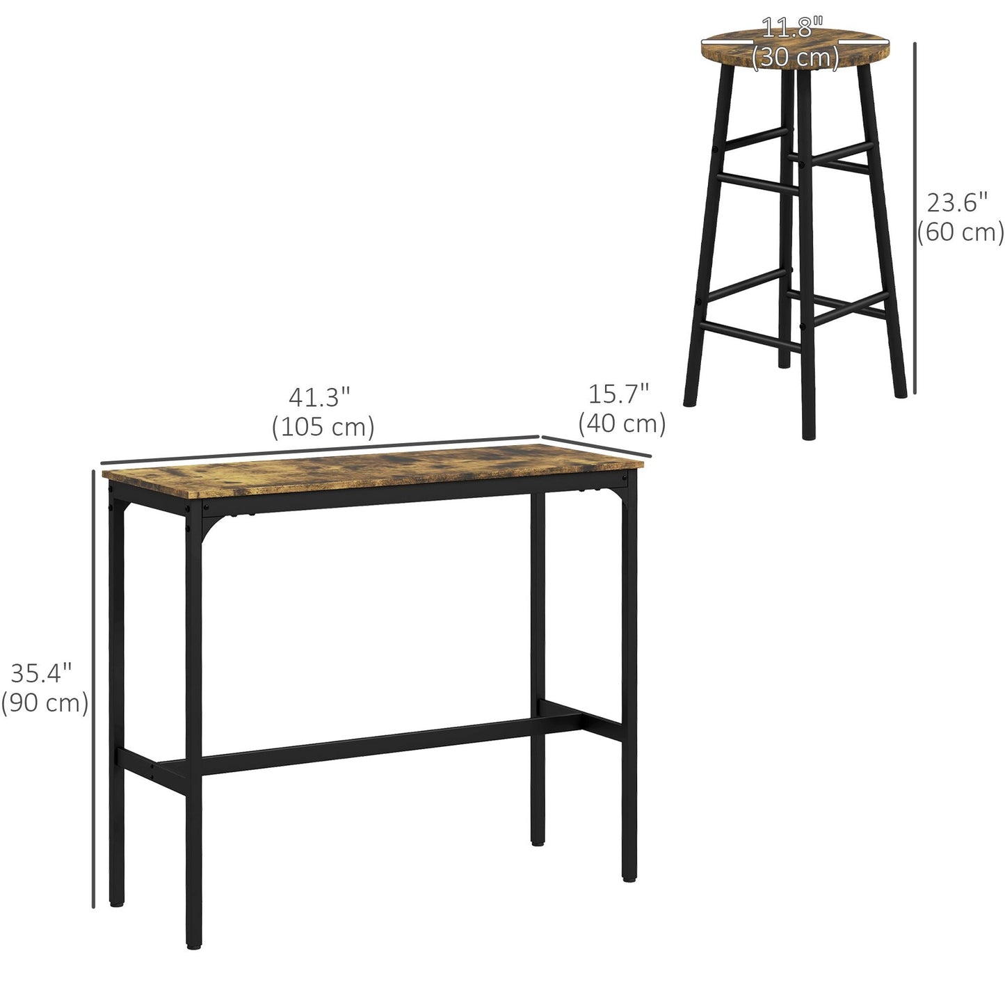3-Piece Counter Height Bar Table and Chairs Set for 2 - Rustic Brown
