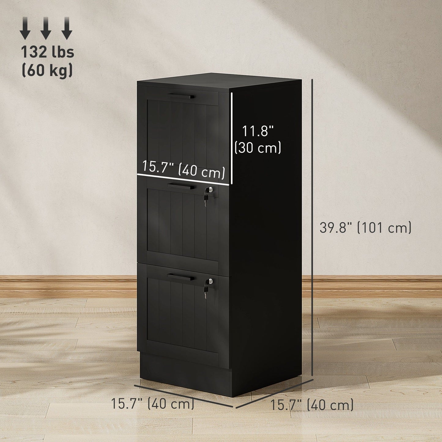 3-Drawer Filing Cabinet with Lock - Black