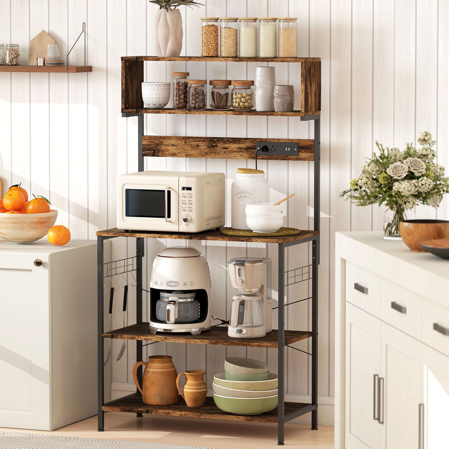 Baker's Rack with Charing Station, Microwave Shelf with Power Outlet, USB Charger and 5 Hooks, Rustic Brown