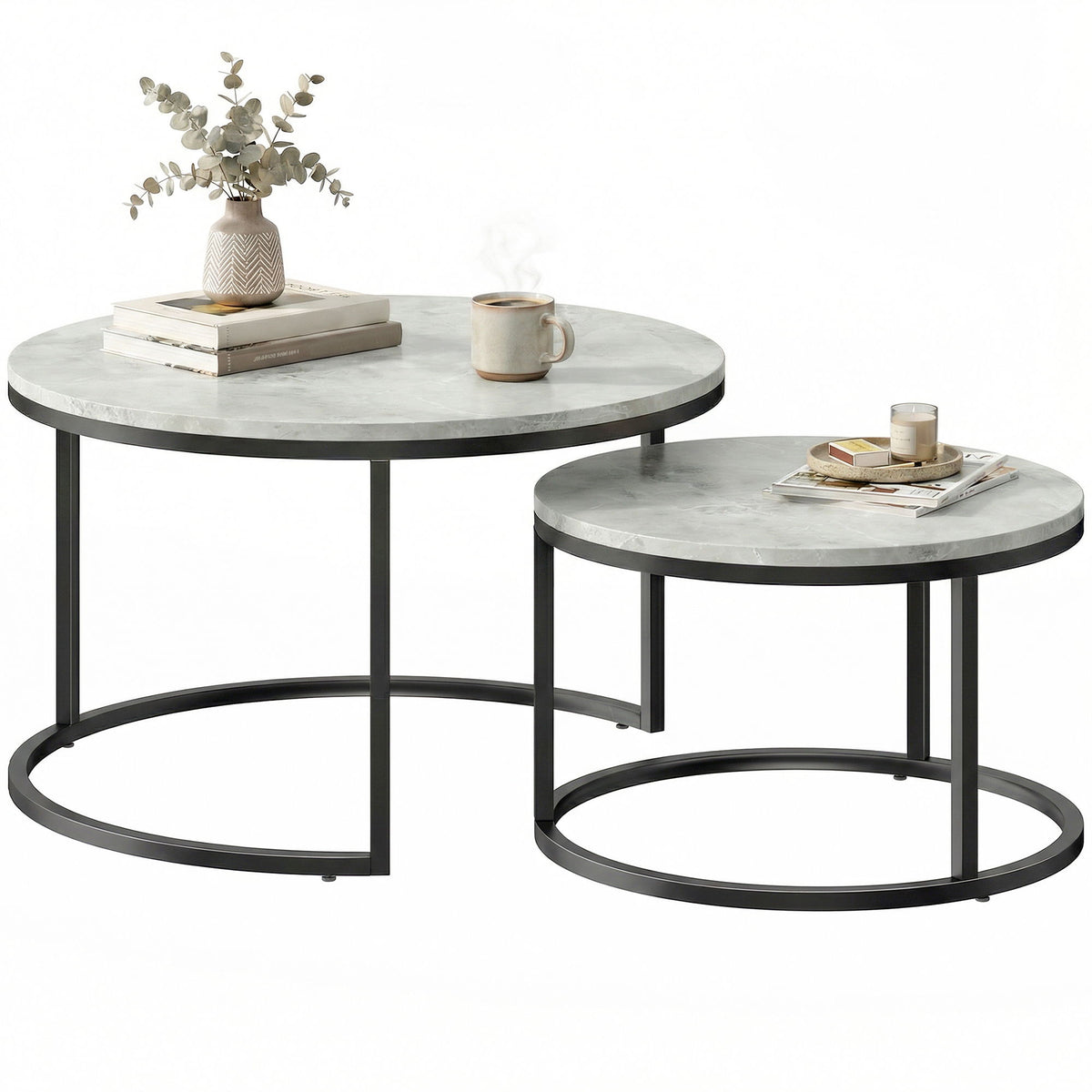 Modern Coffee Table Set of 2, Nesting Side Tables w/ Metal Base for Living Room Bedroom Office Marble Grey