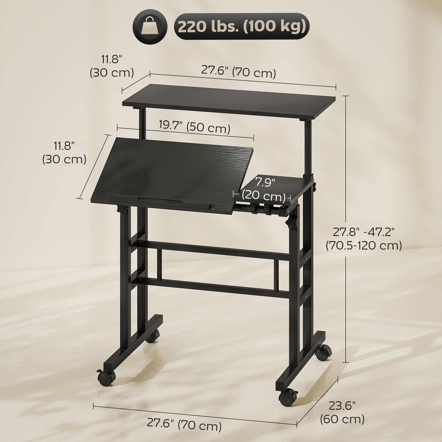 Mobile Stand Up Desk, Height & Angle Adjustable Computer Desk with Wheels for Standing or Sitting, Laptop Desk, Black