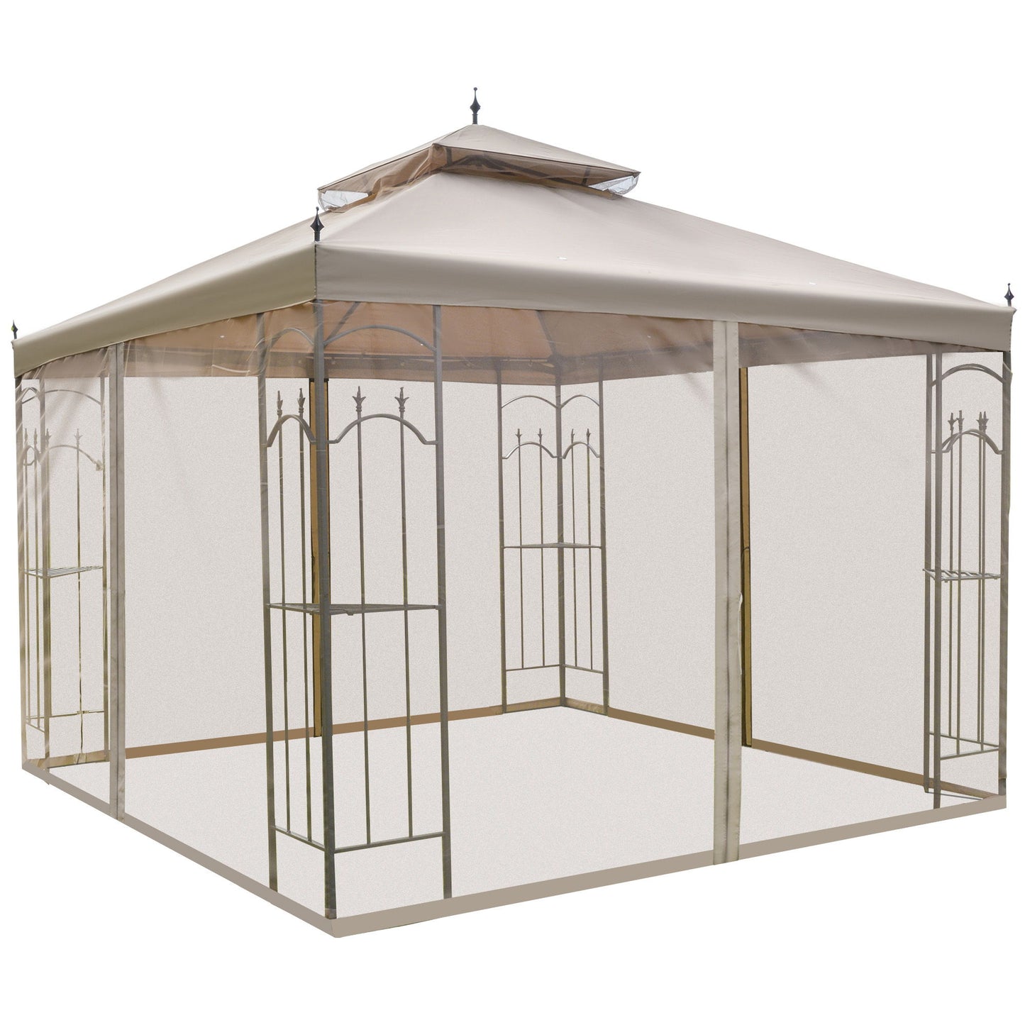 10' x 10' Steel Outdoor Patio Gazebo Canopy with Removable Mesh Curtains, Display Shelves, & Steel Frame, Brown