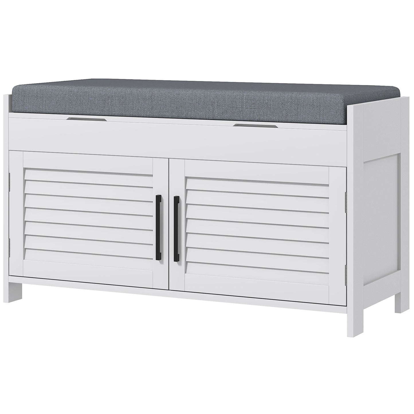 Entryway Bench with Cushion, Hidden Storage, Adjustable Shelves and Shutter Doors, 35.4" Shoe Bench, White