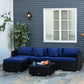 6 Pieces Outdoor PE Rattan Wicker Patio Furniture Sofa Set with Thick Cushions, Deluxe Garden Sectional Couch with Glass Top Table, Black and Dark Blue