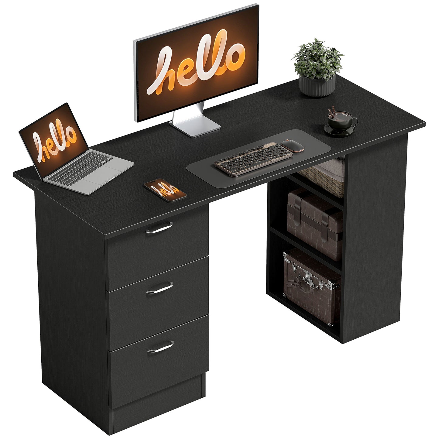 Computer Desk, 47" Writing Table with 3-Tier Shelves and 3 Reversible Drawers for Home Office, Bedroom, Black