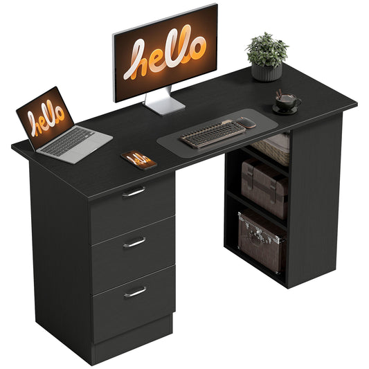 47" Computer Desk with 3-Tier Shelves and Drawers - Black