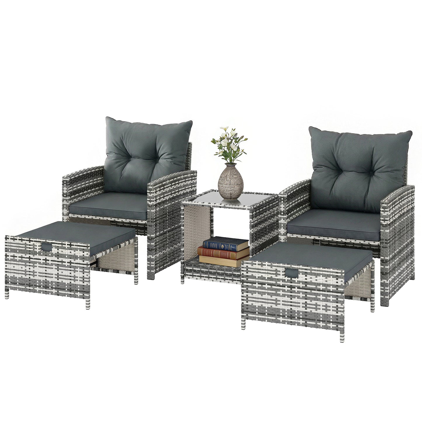 Wicker Patio Chairs with Ottomans, 2-Tier Glass Coffee Table and Cushions, 5 Pcs Patio Furniture Set, Grey