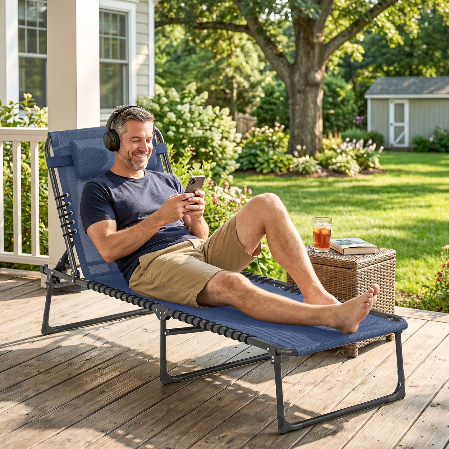 Folding Lounge Chair, Adjustable Chaise Lounge with Headrest, Reclining Lounger Cot for Camping, Hiking, Light Grey