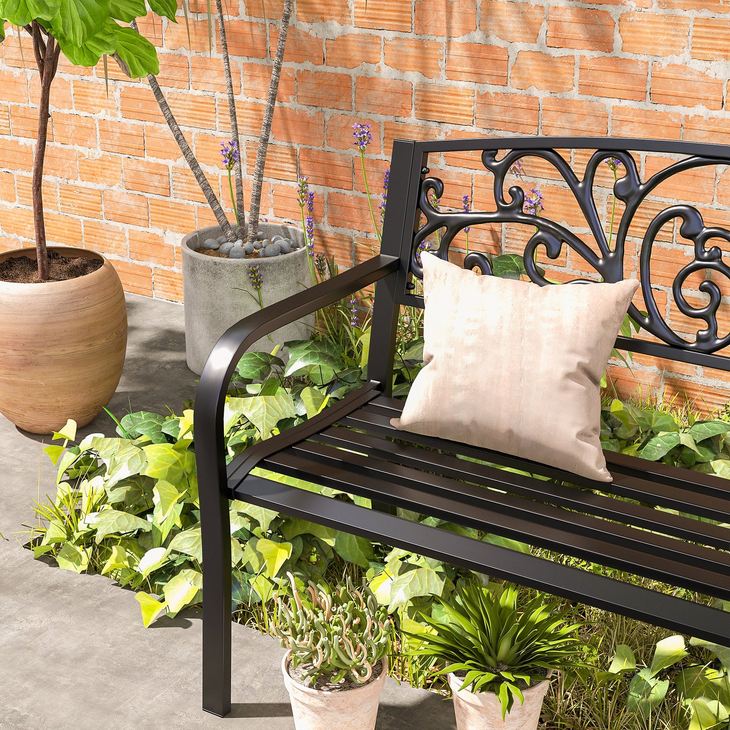 50" 2-Seater Garden Bench Chair, Outdoor Blossoming Pattern Garden Decorative Loveseat Bench for Yard, Lawn, Porch, Black