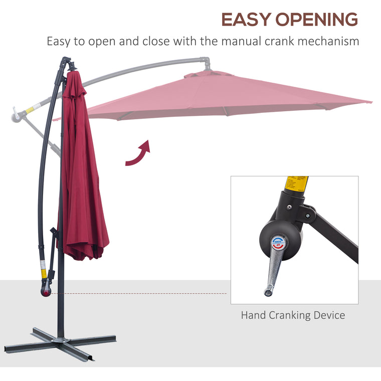 10' Wine Red Banana Offset Umbrella with Crank & Cross Base