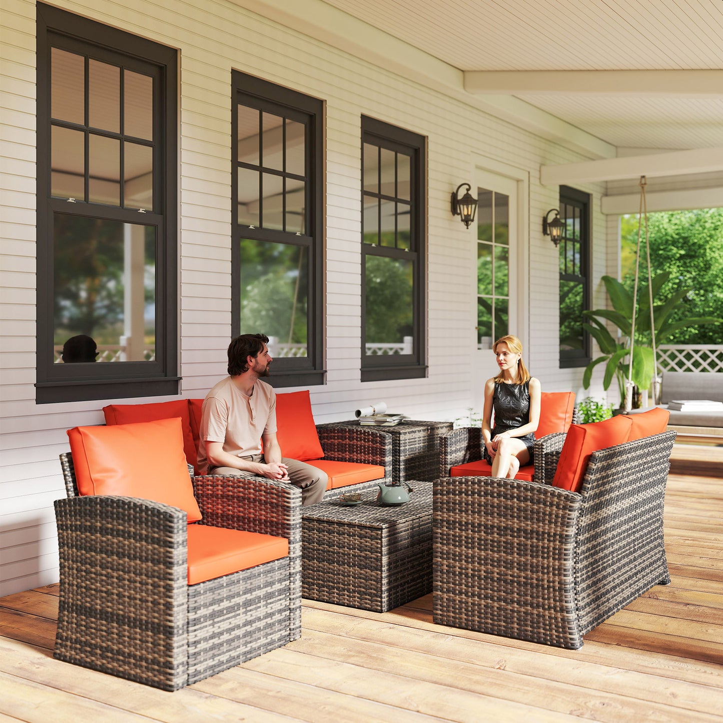 6 Pieces Wicker Patio Furniture Set with Cushions, 7-Seater Rattan Patio Sofa Set with Storage Table, Orange