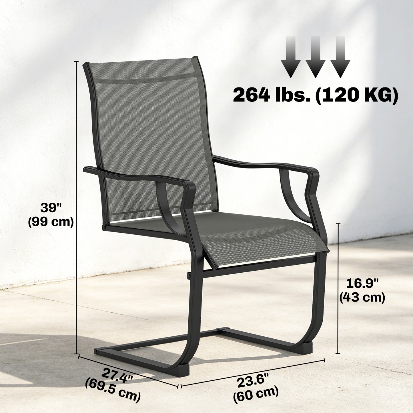 C Spring Motion Patio Chairs Set of 2 with Curved High Backrest, Armrest, All Weather Breathable Fabric, Metal Frame
