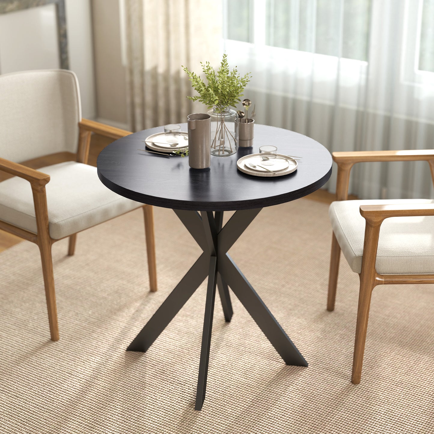 29" Dining Table, Contemporary Round Kitchen Table with Steel Legs, Black