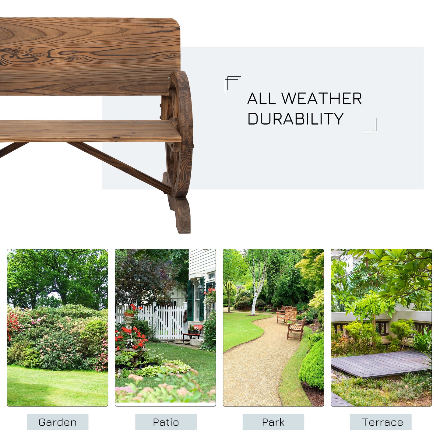 Wooden Wagon Wheel Bench Rustic Design 2 Seater Garden Outdoor Chair High Back Loveseat
