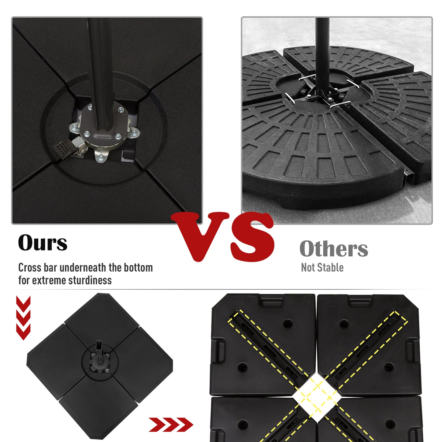 4 Pieces Umbrella Base Parasol Stand for Cantilever Umbrella Fill w/ Sand or Water Black