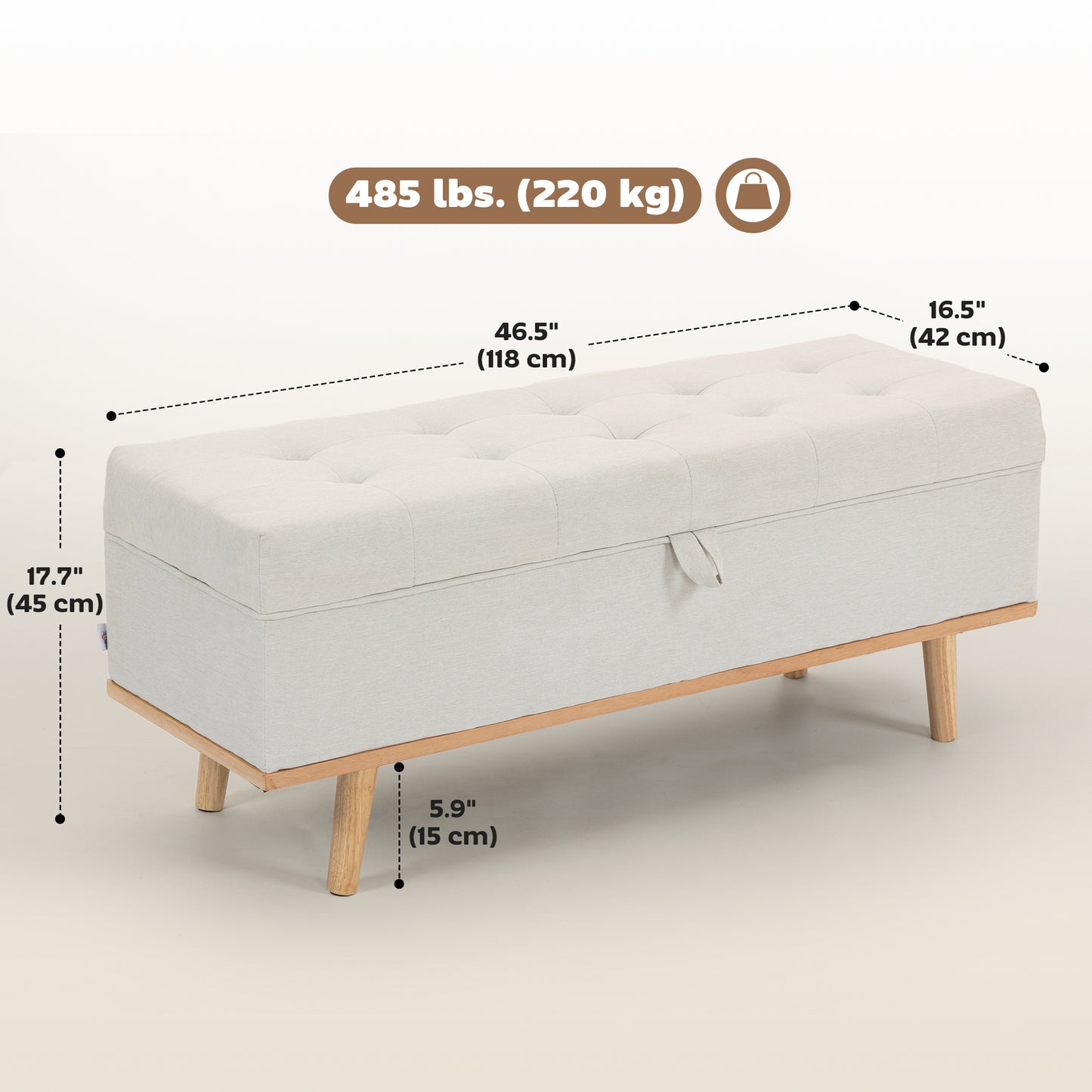 Storage Ottoman Bench, Foot Rest with Lift-Up Lid and Wood Legs, Linen Storage Chest for Living Room, Cream White