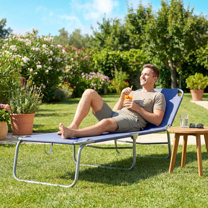Folding Outdoor Lounge Chair Reclining Tanning Chair with Breathable Mesh Fabric for Patio Garden Pool, Navy Blue - Natural