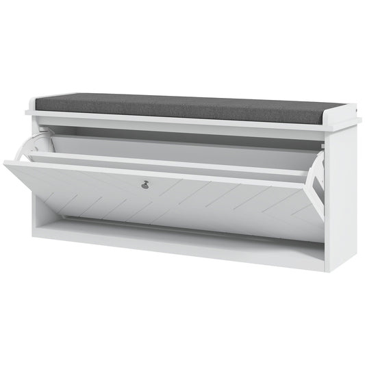 Upholstered Shoe Storage Bench with Flip Drawer - White