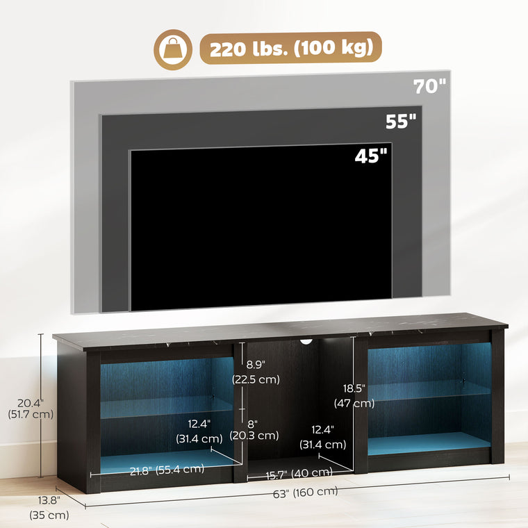 TV Stand with LED Lights and Glass Shelves - Black