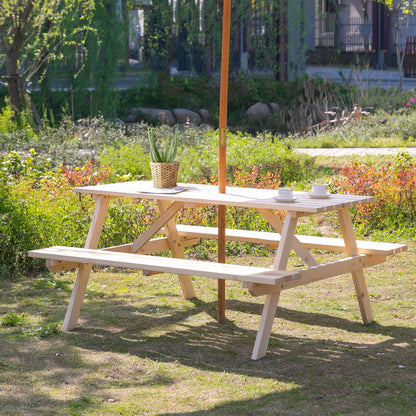Wood Picnic Table and Bench Set with Umbrella Hole - Natural