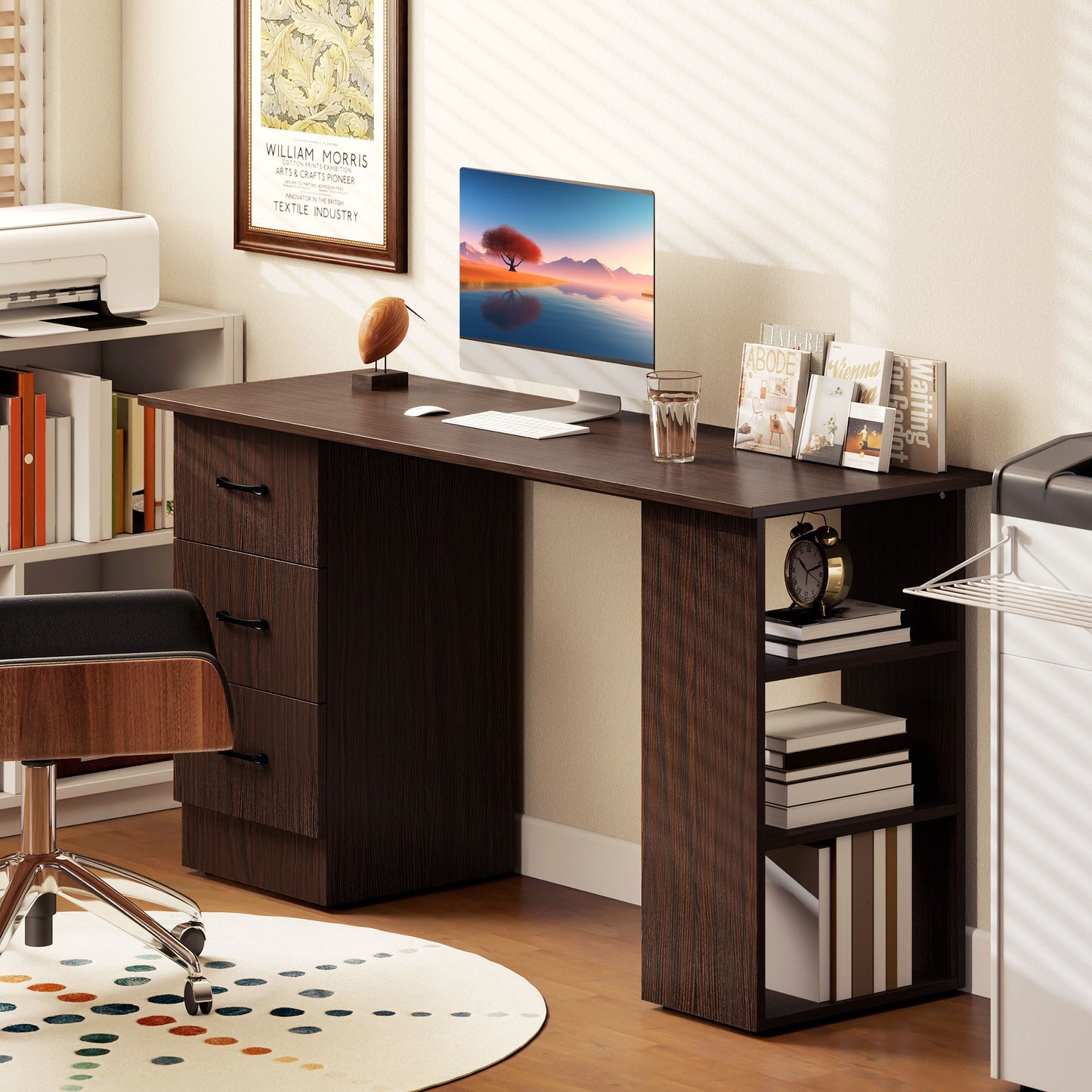 Computer Desk, 55" Writing Table with 3-Tier Shelves and 3 Reversible Drawers for Home Office, Bedroom, Walnut
