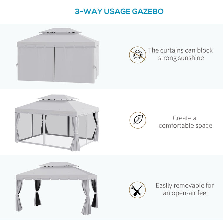 13' x 10' Grey Gazebo with 2-Tier Roof & Mesh Sidewalls