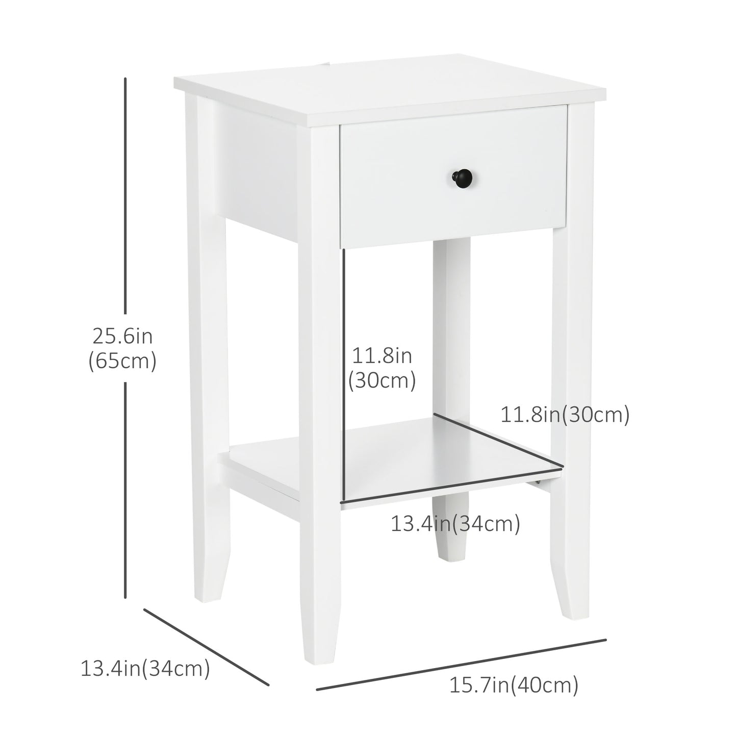 Side Table Set of 2, End Tables with Drawer and Bottom Shelf, 2-tier Nightstand for Bedroom, Living Room, White