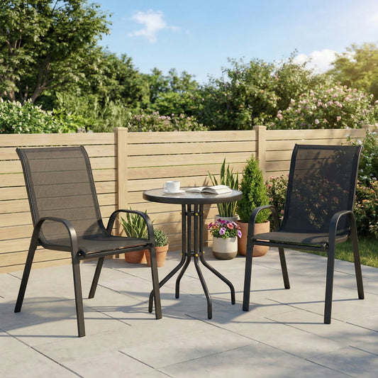 3 Pieces Bistro Set, Small Patio Furniture Set with Stackable Mesh Chairs, Glass Table for Garden, Light Mixed Brown - Black