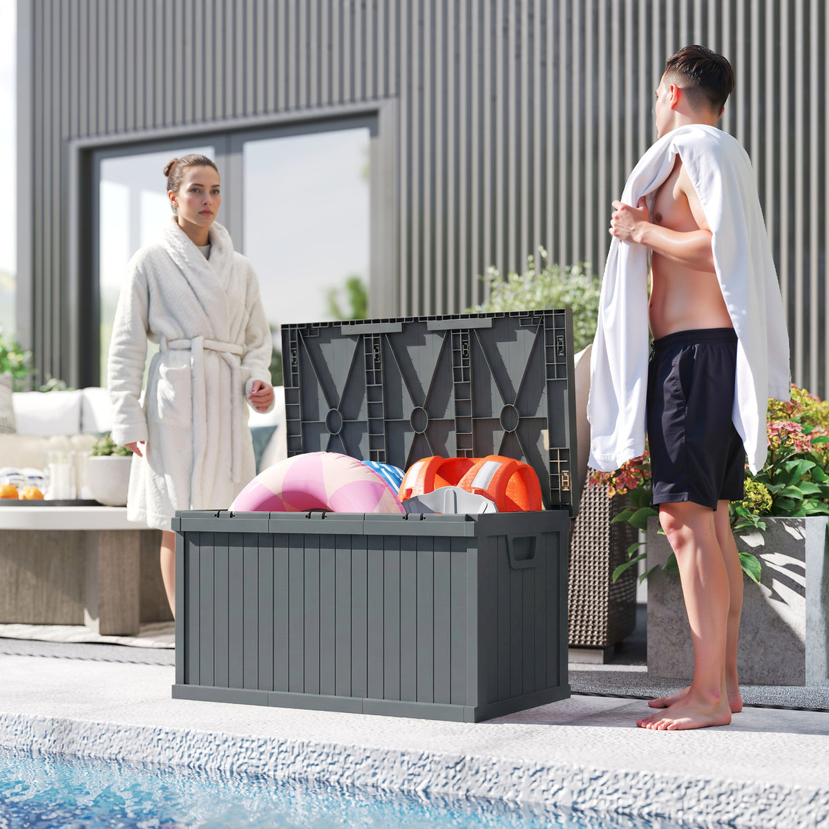 70-Gallon Resin Deck Box with Handles - Dark Grey