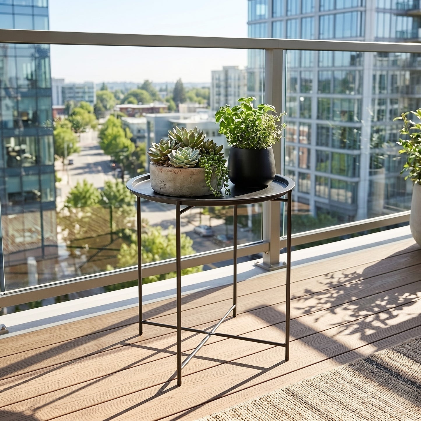 18" Outdoor Side Table with Removable Tray and Folding Legs, Indoor Outdoor for Balcony, Porch, Black