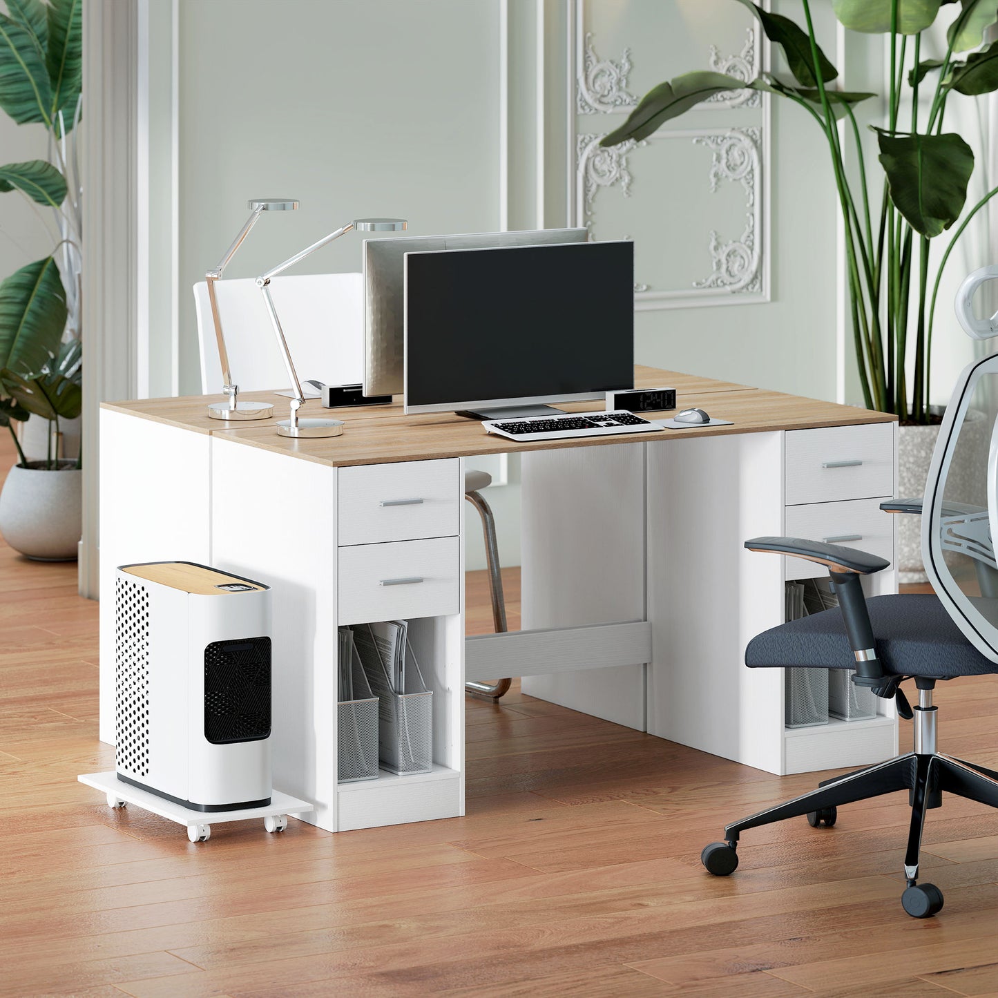 Office Desk, 55" Computer Desk with 4 Reversible Drawers, Mobile PC Stand, Adjustable Shelf, White Wood Grain