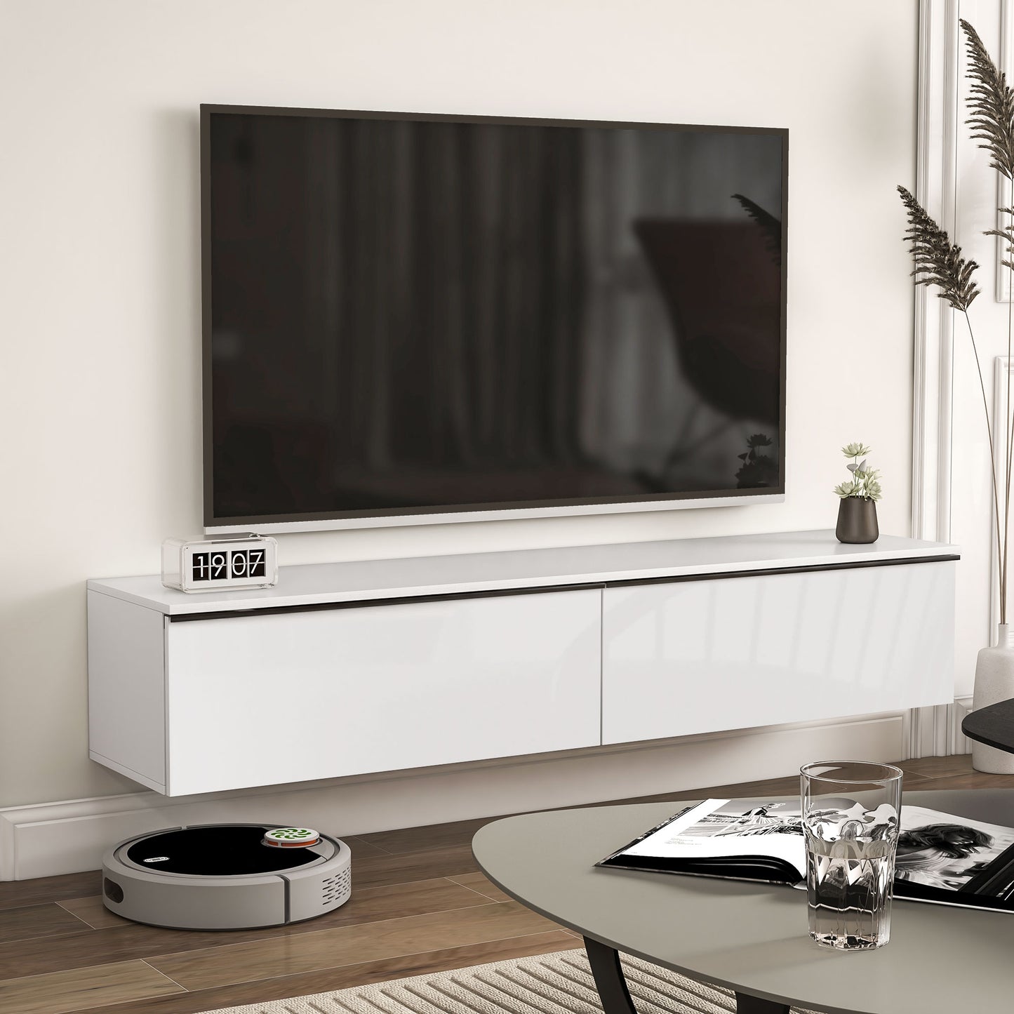 Wall Mounted TV Stand, Floating TV Cabinet for up to 70" TVs with Storage, High Gloss Effect, White
